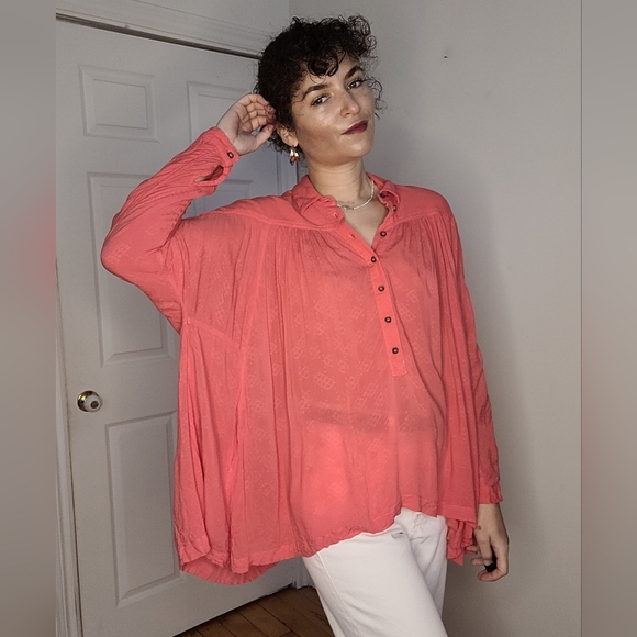 Free People Coral Oversized Asymmetrical V neck Blouse - Picture 1 of 7